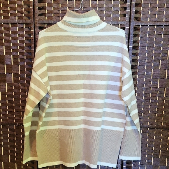Striped Beige and White Womans Turtleneck Sweater - Picture 3 of 6